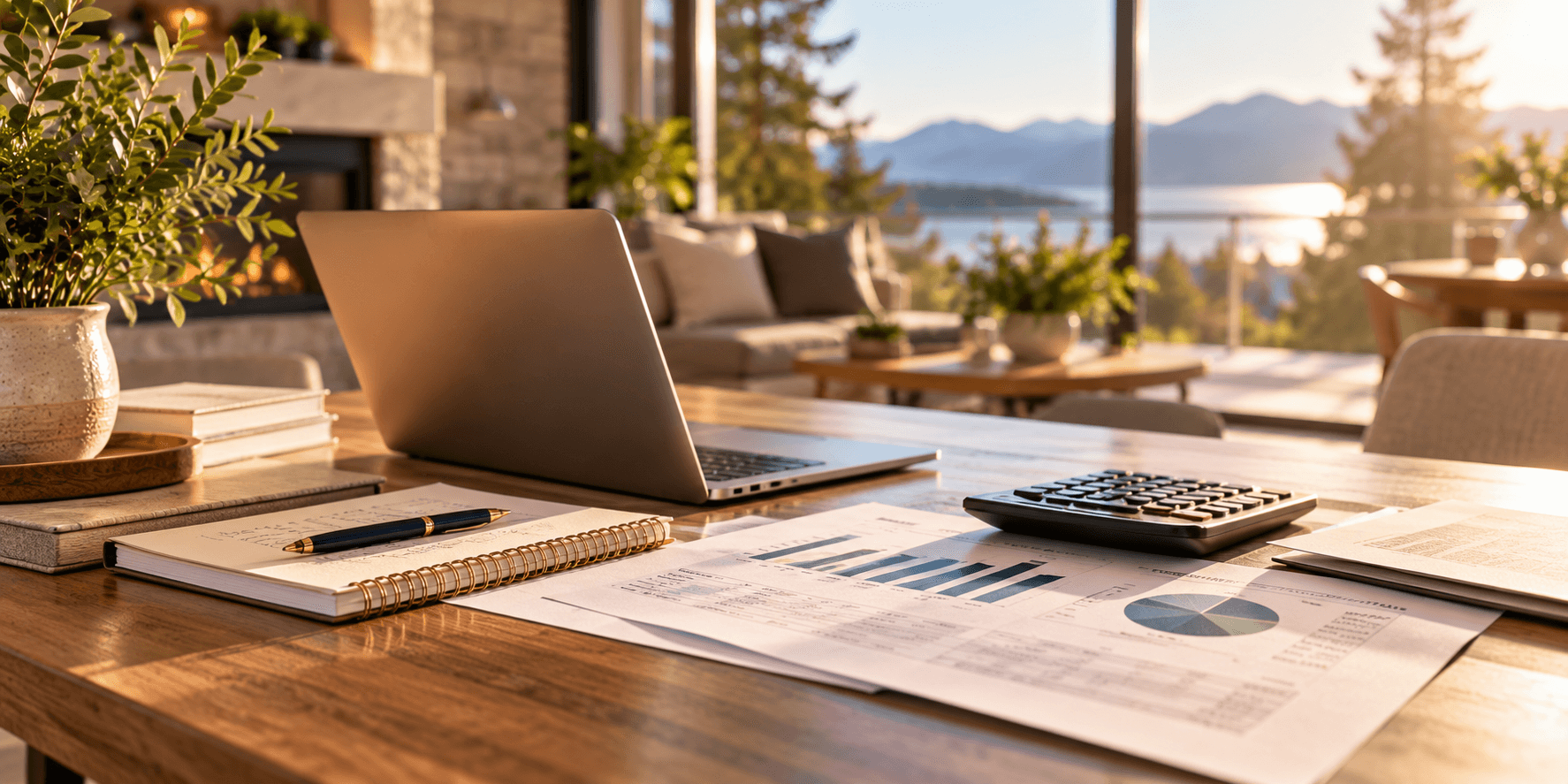 Warm mortgage planning workspace with a laptop, calculator and financial documents overlooking the water