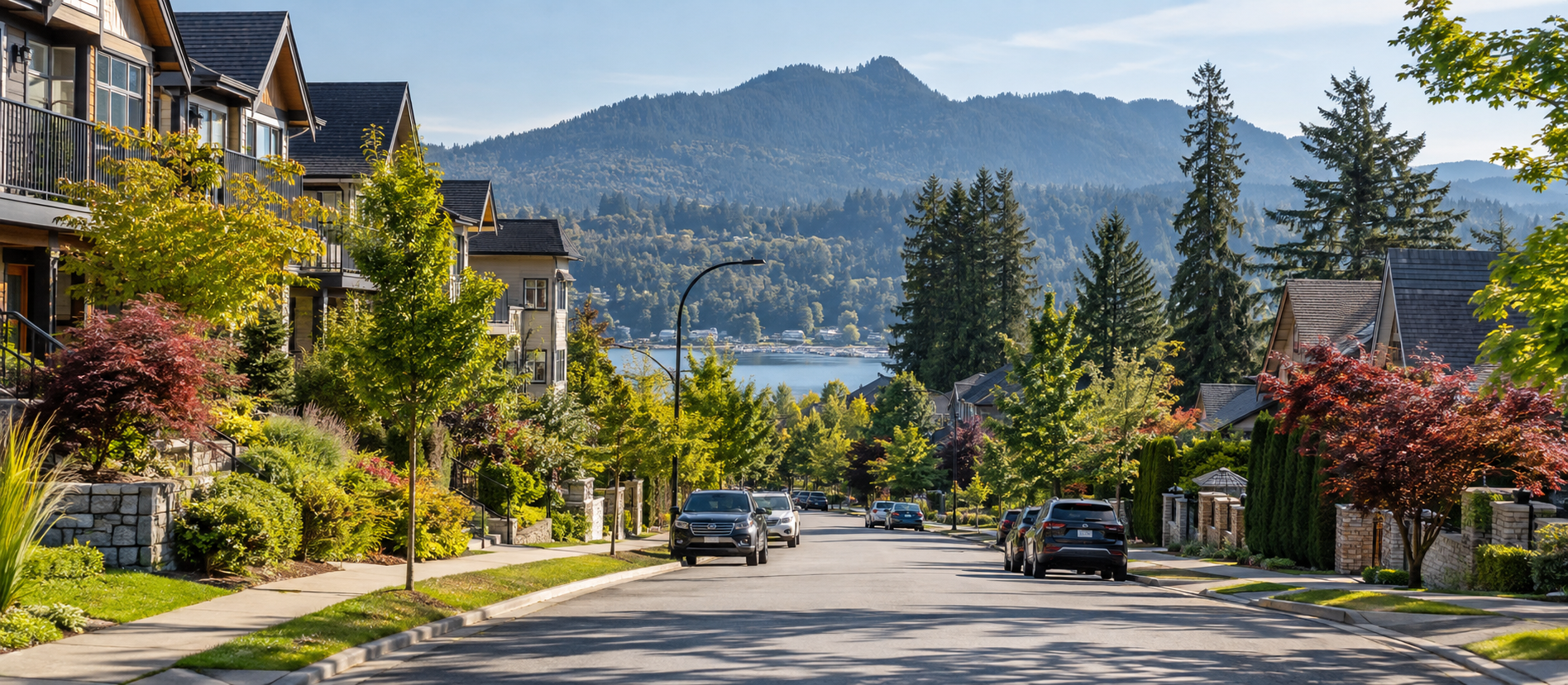 Residential neighbourhood with mountain and water views in Port Moody, British Columbia.