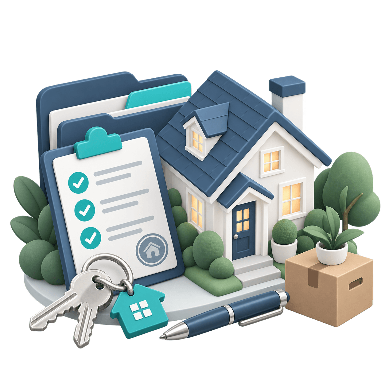 Illustration representing home closing and moving in with a home, keys, paperwork, and moving box
