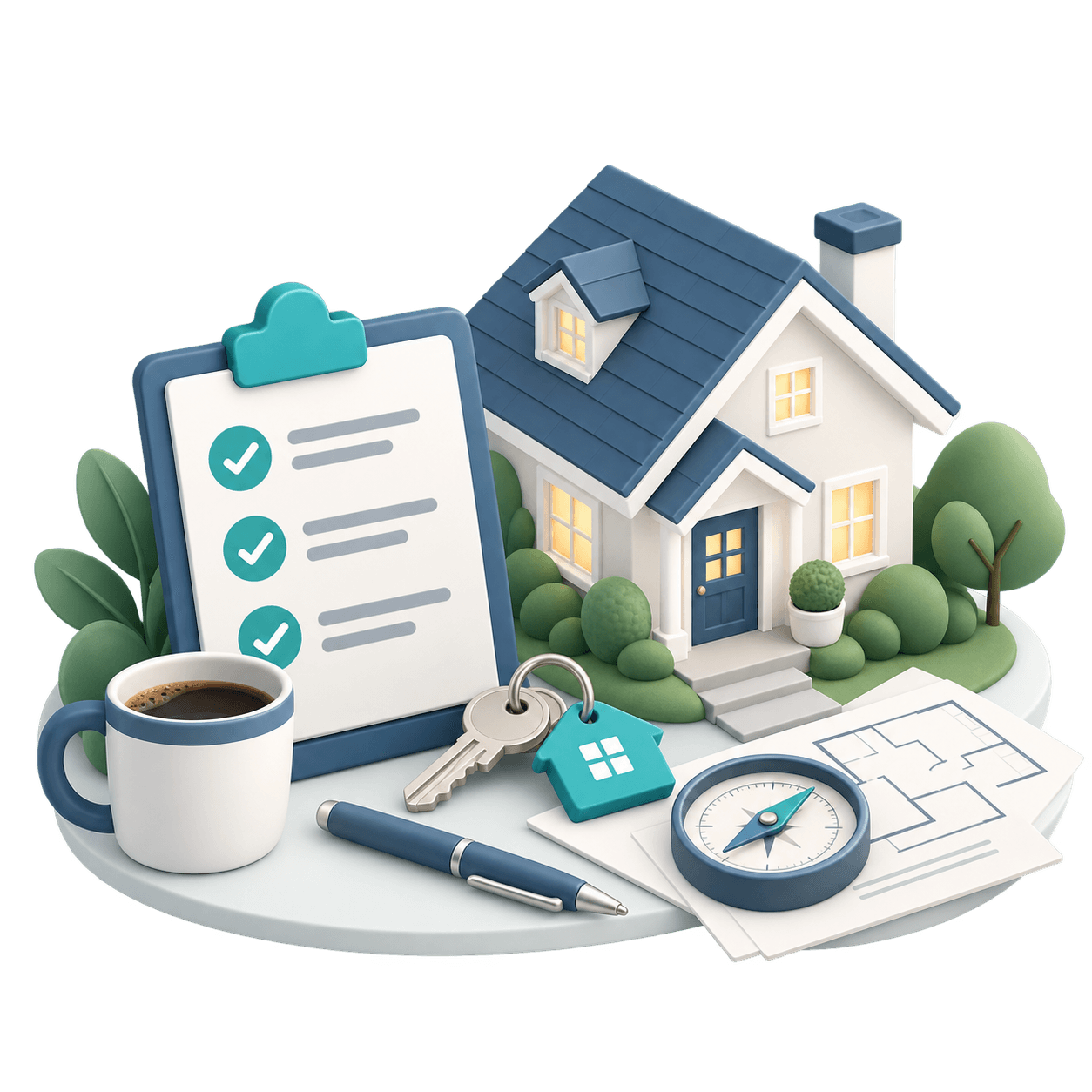 Illustration representing first-home planning with a home, checklist, keys, floor plan, compass, and coffee