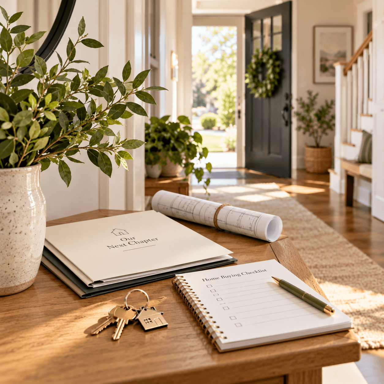 Home-buying plans, keys, checklist, and a bright home entryway representing the steps involved in buying a first home