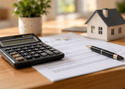 Mortgage paperwork, calculator and model house