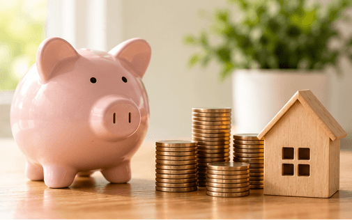 Piggy bank, coins and miniature wooden house