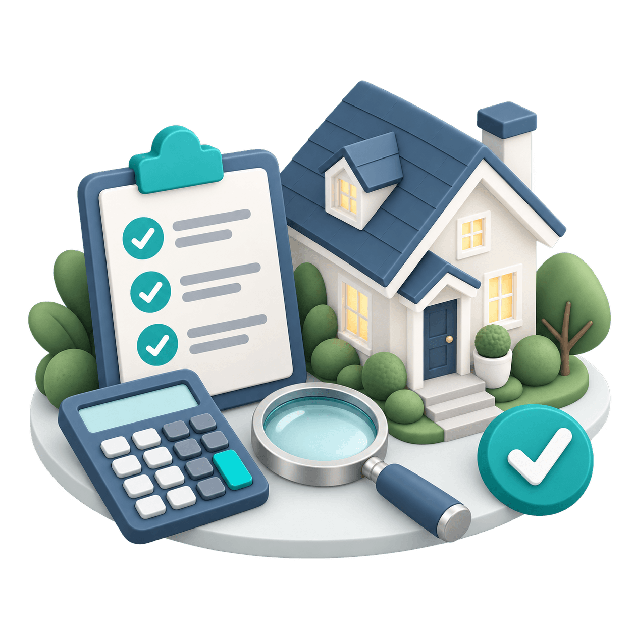 Illustration representing mortgage pre-approval with a home, calculator, checklist, magnifying glass, and approval checkmark