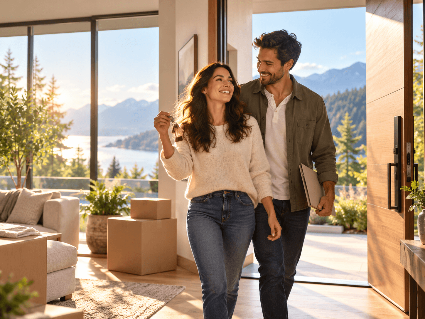 New homeowner holding house keys at the entrance of a bright home