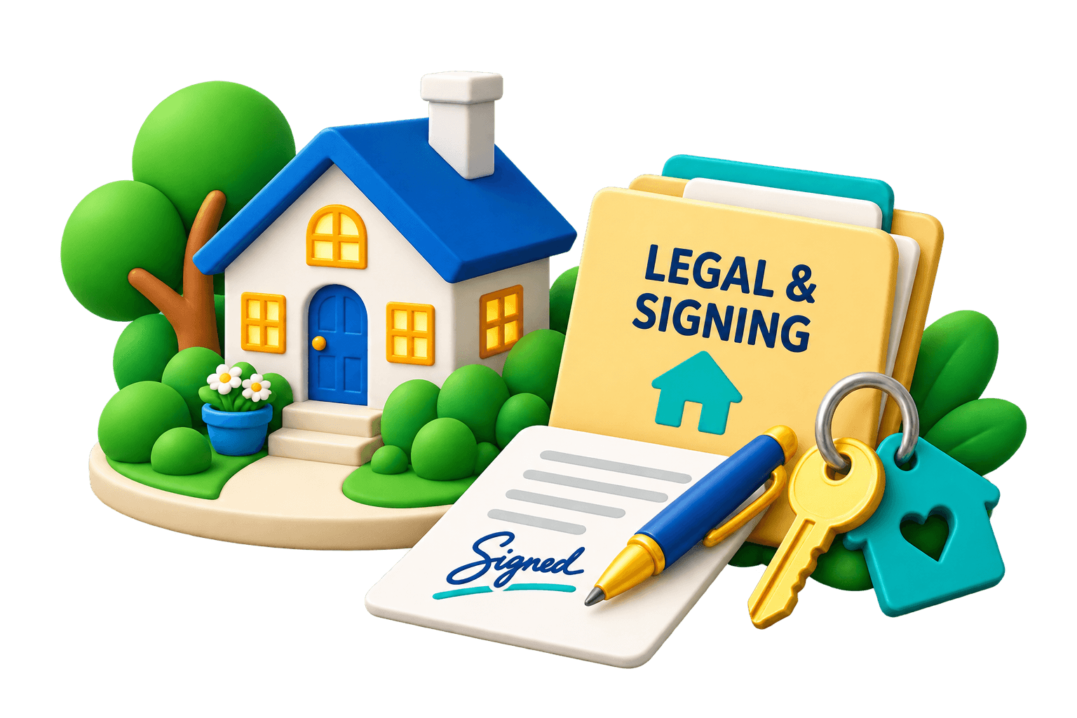 Illustration of legal signing for a home purchase with a house, signed documents, pen, and keys
