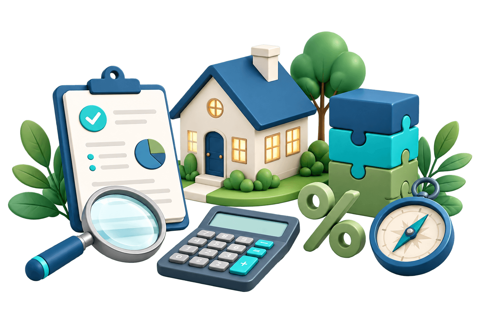 Illustration of a home, mortgage documents, calculator, percentage symbol, and planning tools