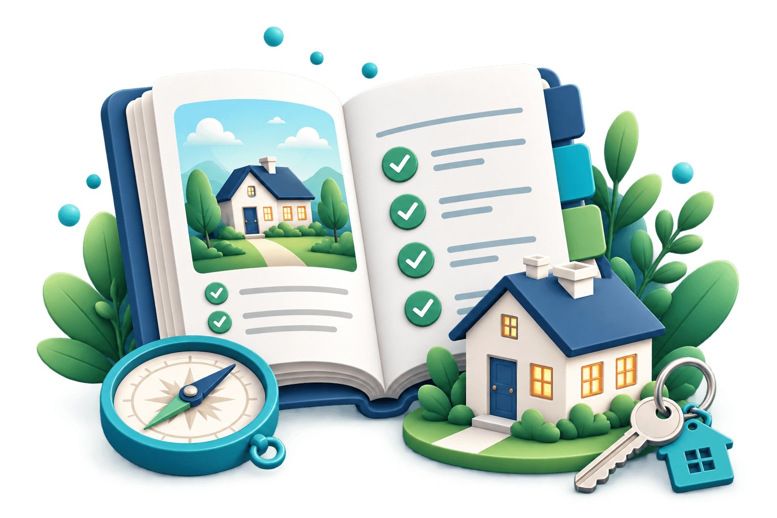 Illustration of a mortgage guide with a home, checklist, keys, and planning elements
