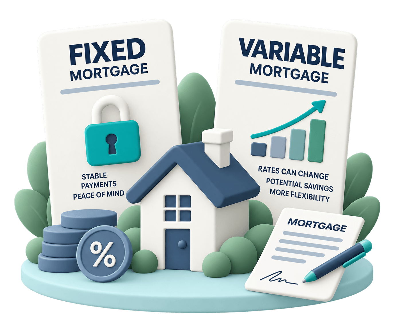 Fixed and variable mortgage options illustrated beside a house