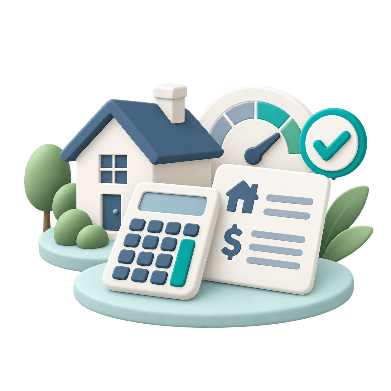 House, calculator, mortgage document, and affordability gauge