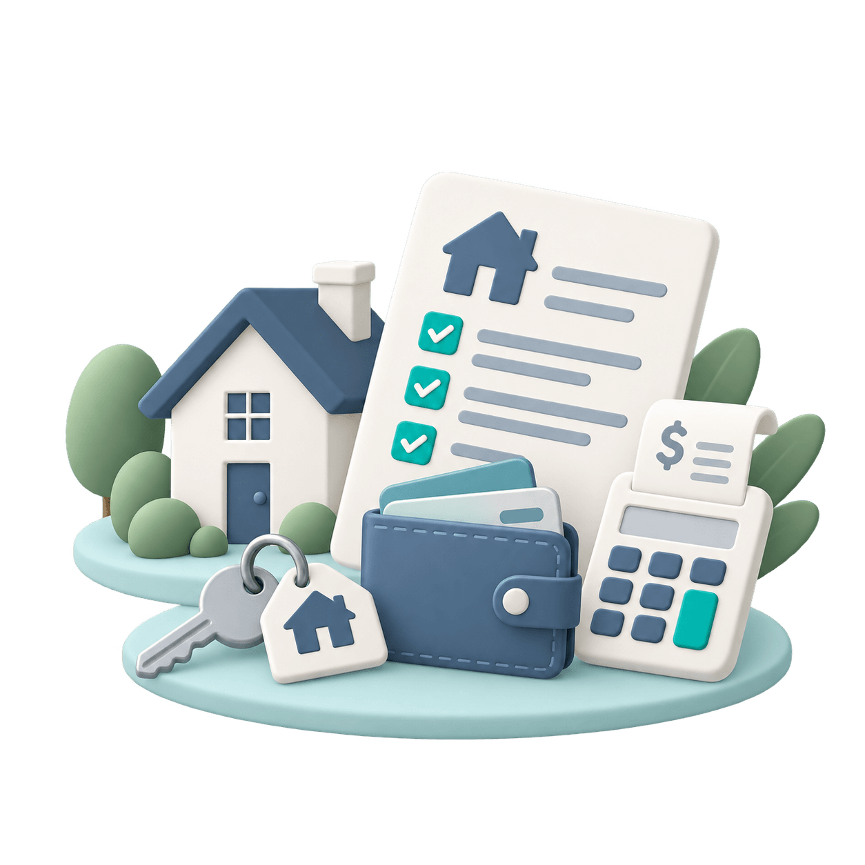 House, keys, wallet, calculator, and home-buying documents