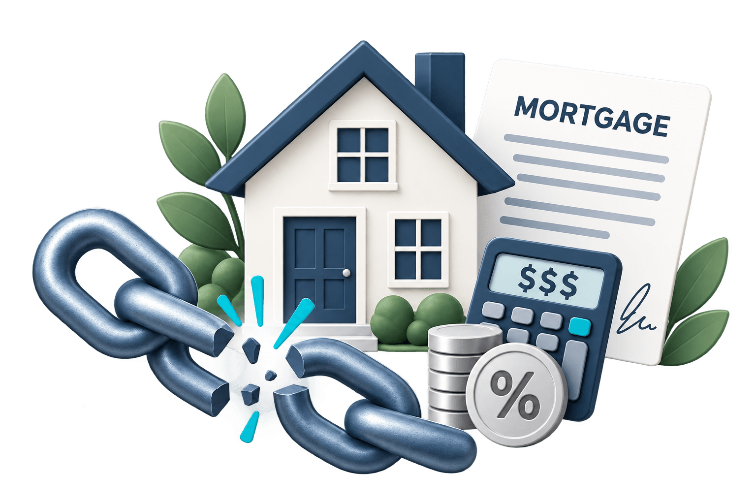 House, mortgage document, broken chain, calculator, coins, and percentage symbol representing breaking a mortgage early