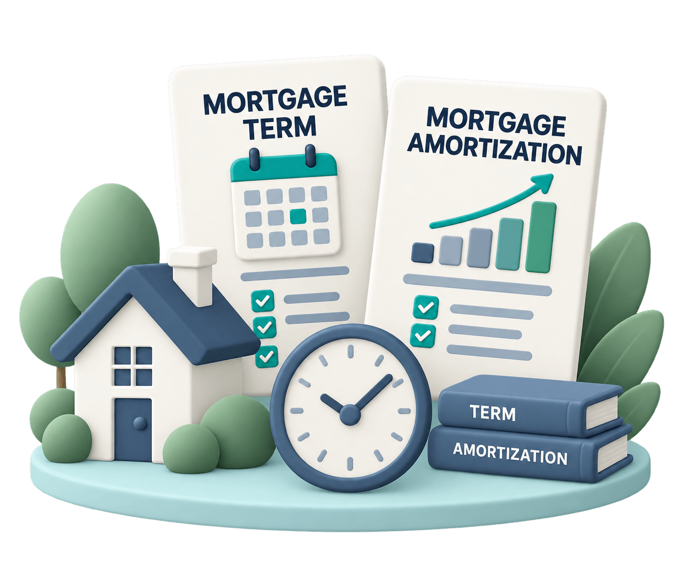 Mortgage term and amortization illustrated with calendars, a clock, and a house