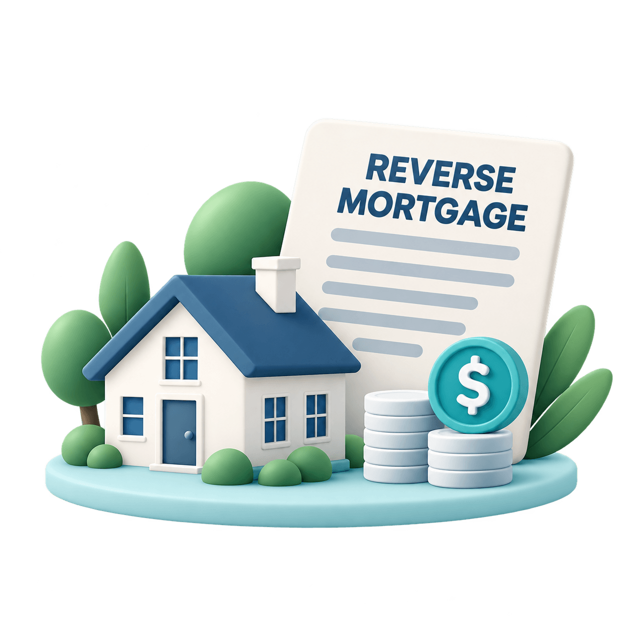 House, reverse mortgage document, coins, and dollar symbol representing a reverse mortgage