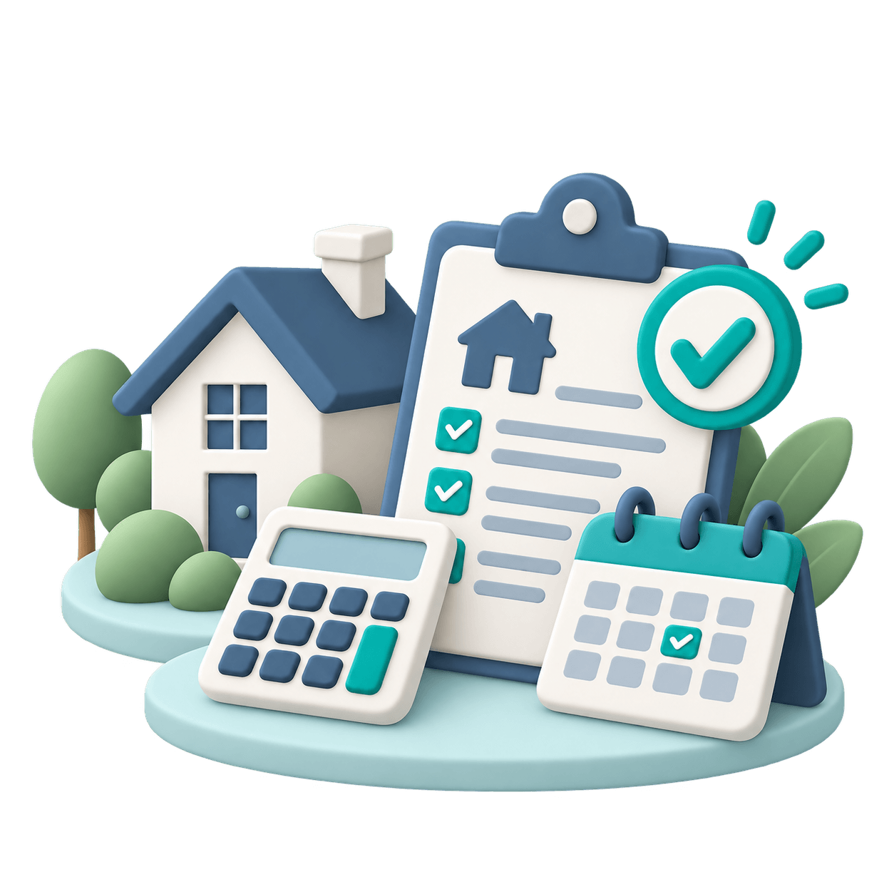 House, mortgage checklist, calculator, calendar, and approval checkmark