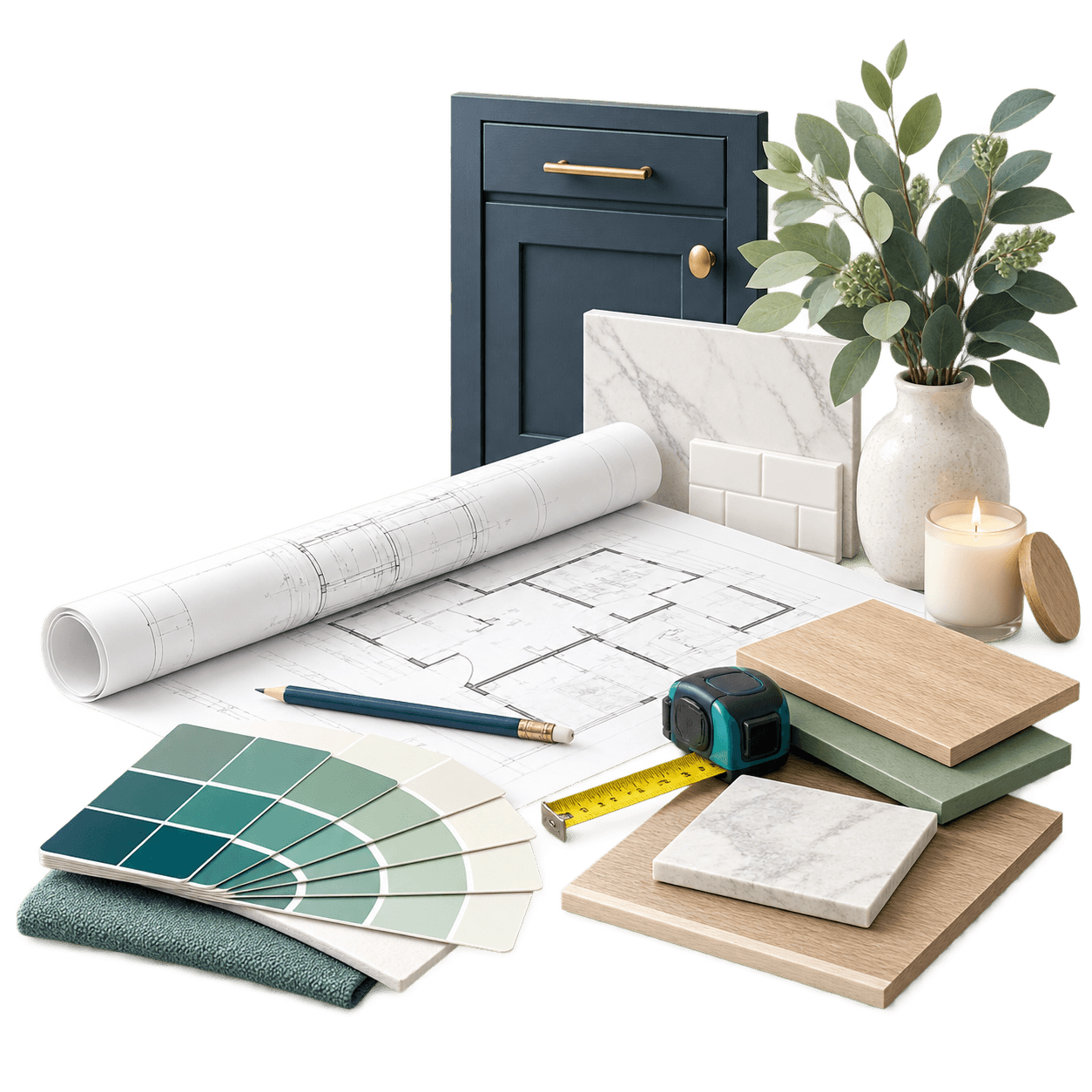 Renovation plans, finish samples and measuring tools representing home renovation planning