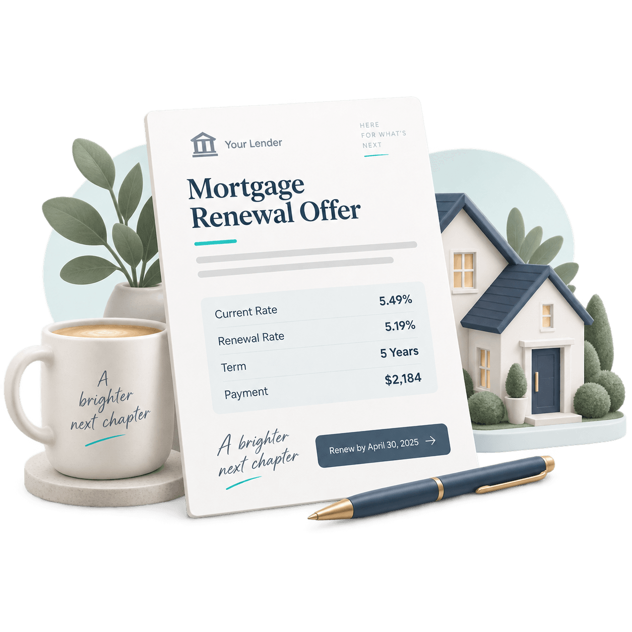 Illustration of a mortgage renewal offer with a home, pen, and coffee mug