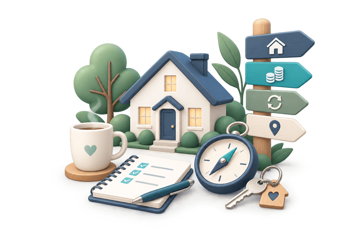 Illustration of a home, planning checklist, compass, keys, and directional signs