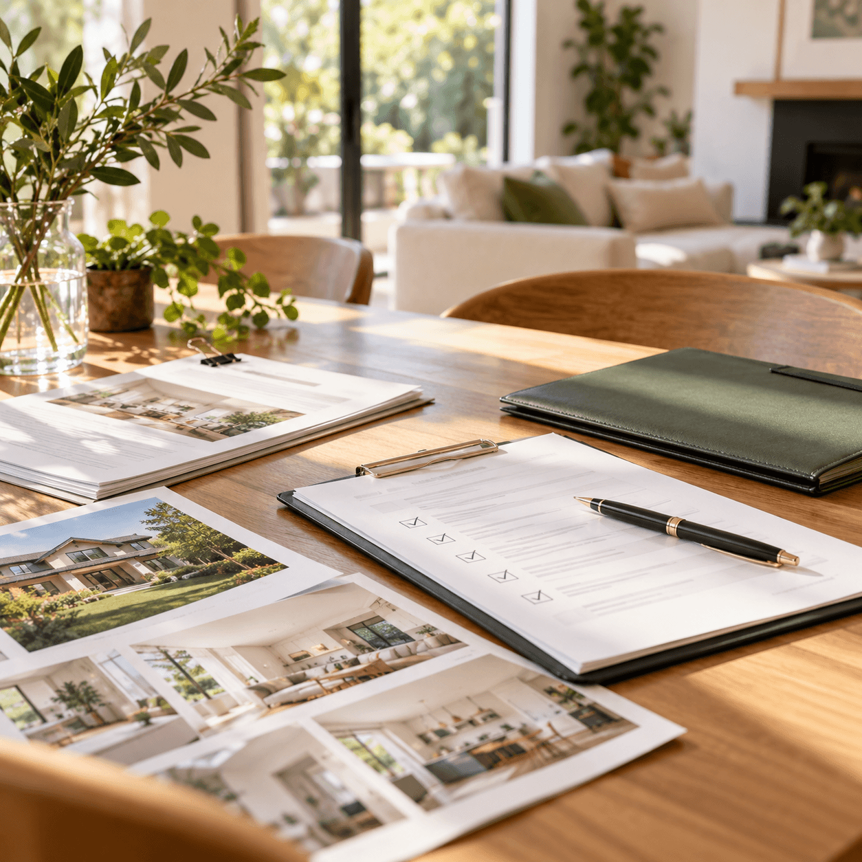 Home inspection and property review documents laid out in a bright home after an accepted offer