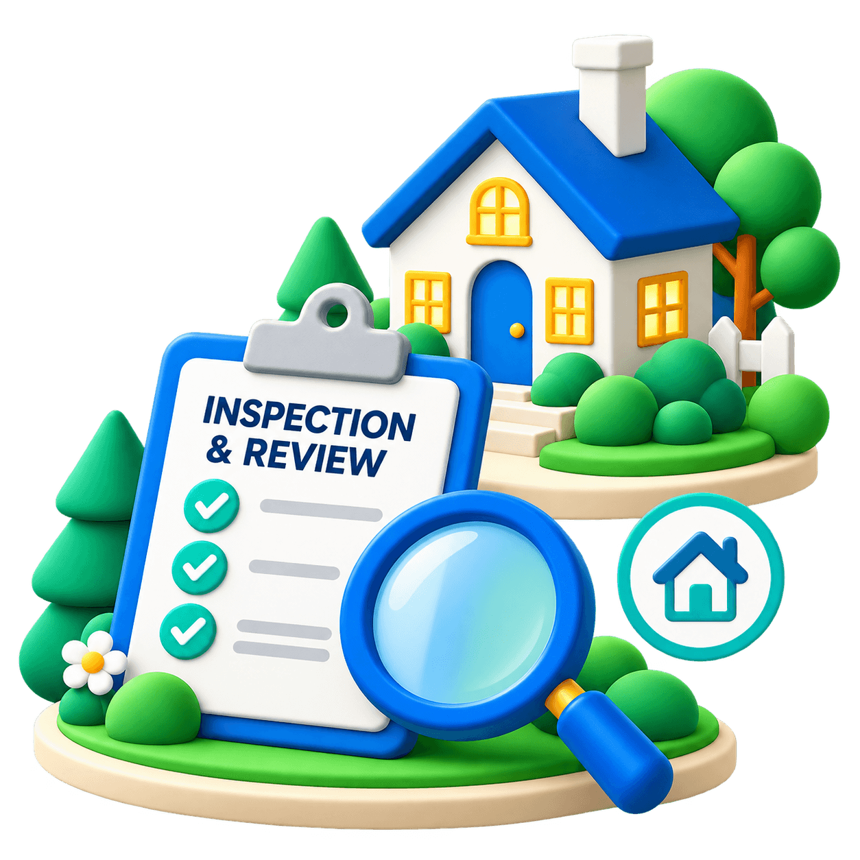 Illustration of a home inspection with a house, inspection checklist, and magnifying glass