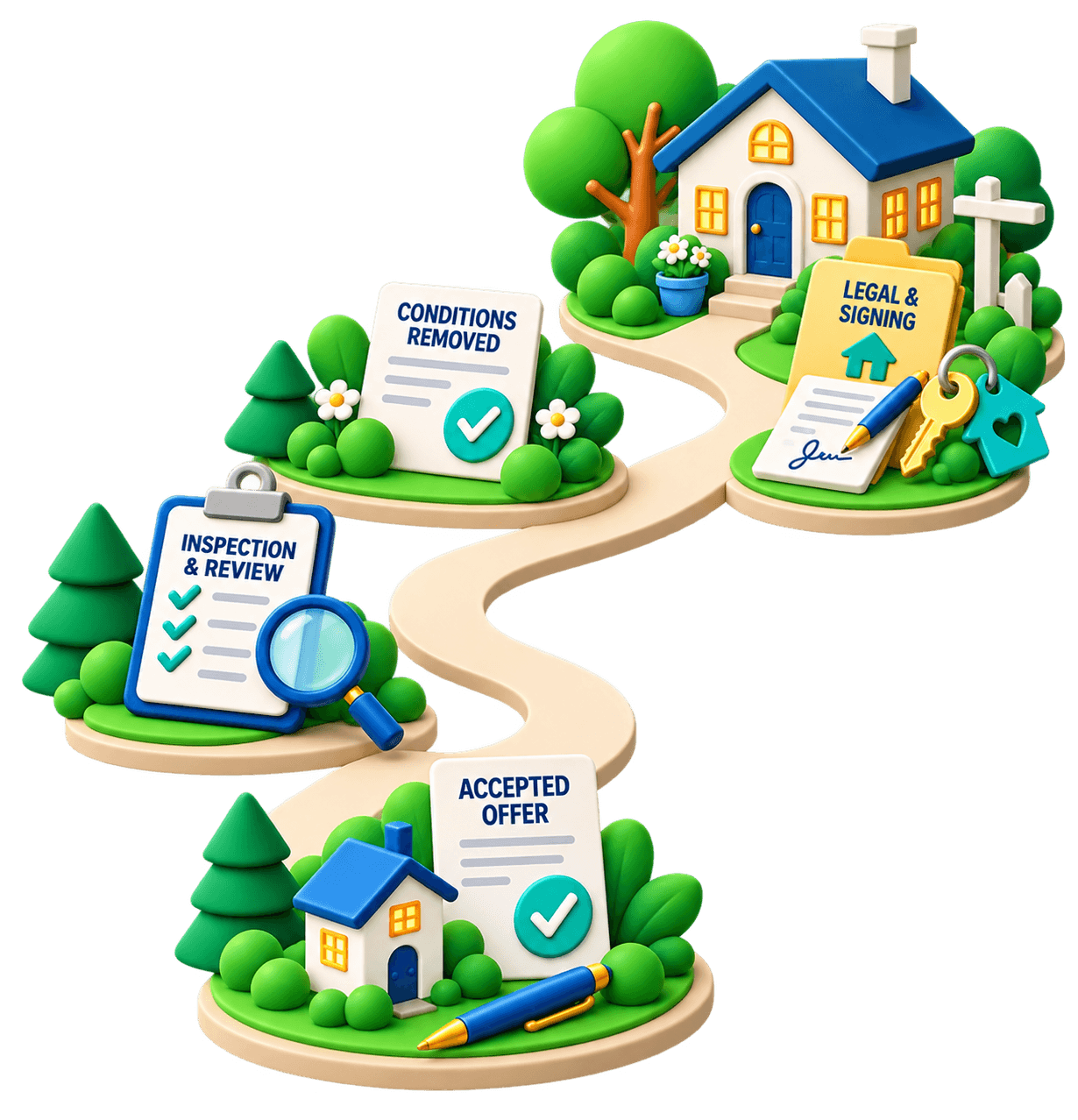 Illustration showing the home buying process from accepted offer through inspection, condition removal, legal signing, and getting the keys