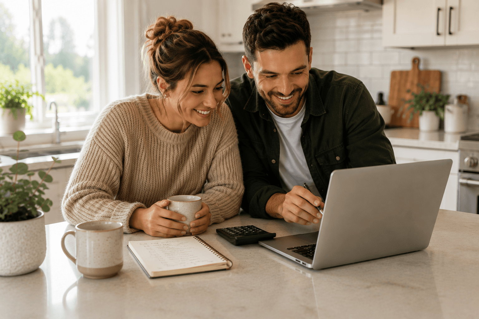 A couple reviewing their home-buying plans together on a laptop at a kitchen island.