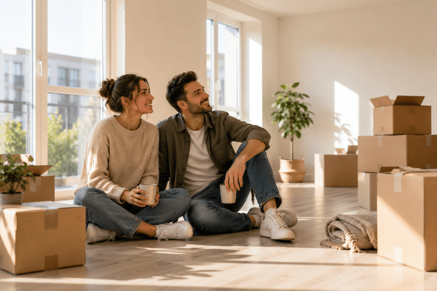 A young couple sitting together in their new home surrounded by moving boxes