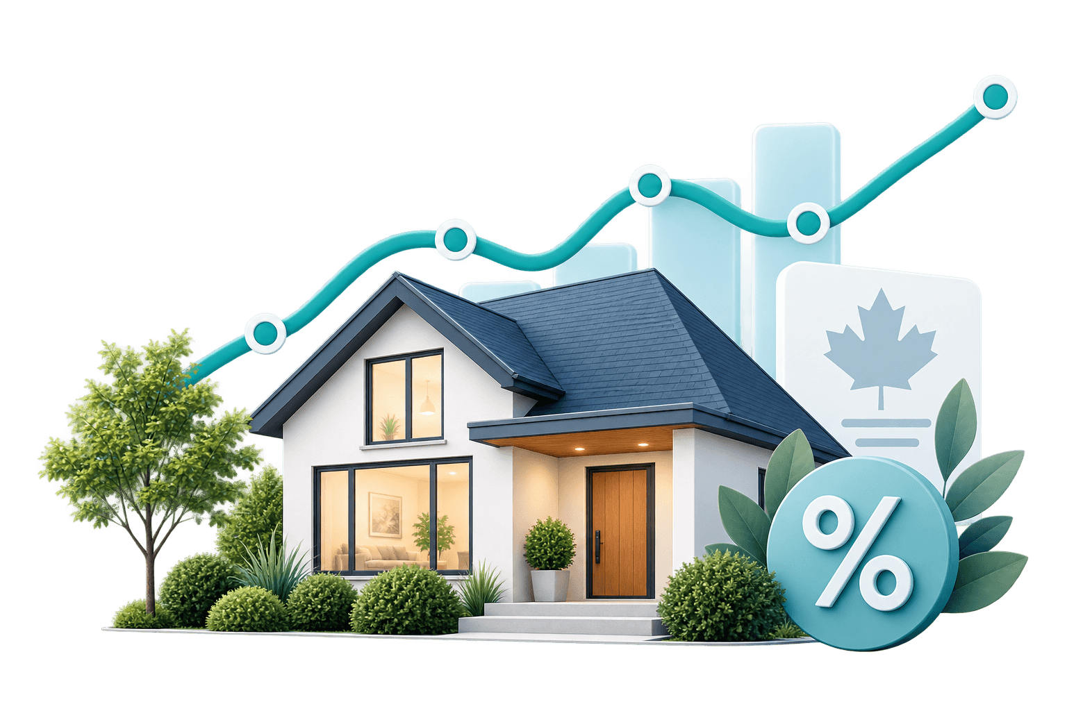Illustration of a home with mortgage rate and market trend indicators.